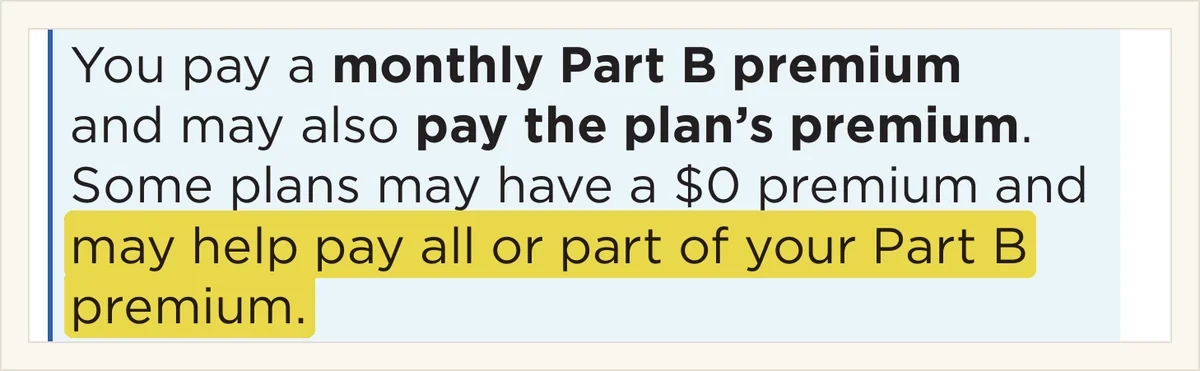 Excerpt from page 11 of the Medicare and You 2027 handbook: some plans may have a $0 premium and may help pay all or part of your Part B premium.