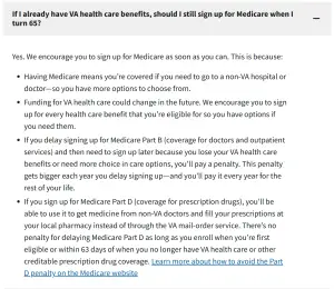Screenshot explaining why veterans with VA health care should still enroll in Medicare at age 65, including reasons like expanded coverage, future VA funding uncertainty, and avoiding late enrollment penalties.