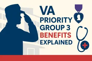 Banner showing a saluting veteran silhouette, Purple Heart medal, stethoscope, and the headline ‘VA Priority Group 3 Benefits Explained’ in red, white, and blue.