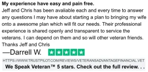 Trustpilot 5-star review from Darrell W., praising Jeff and Chris for their dependable, transparent support in setting up a Medicare plan for himself and his wife.